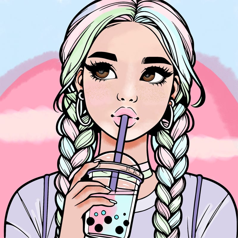 realistic girl with braided hair drinking boba