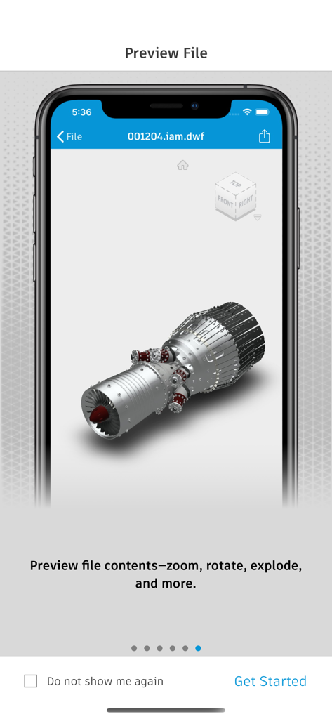 Autodesk Vault Mobile app displaying a 3D mechanical engine model preview on a smartphone