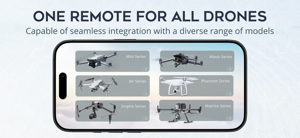 Smartphone screen displaying the Fly Go 4 app compatibility with various drone series like Mavic Phantom and Mini