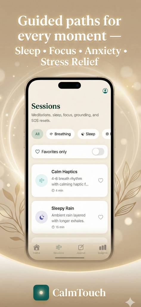 Interfaz de la aplicación CalmTouch mostrando sesiones guiadas para respiración, sueño y alivio del estrés.