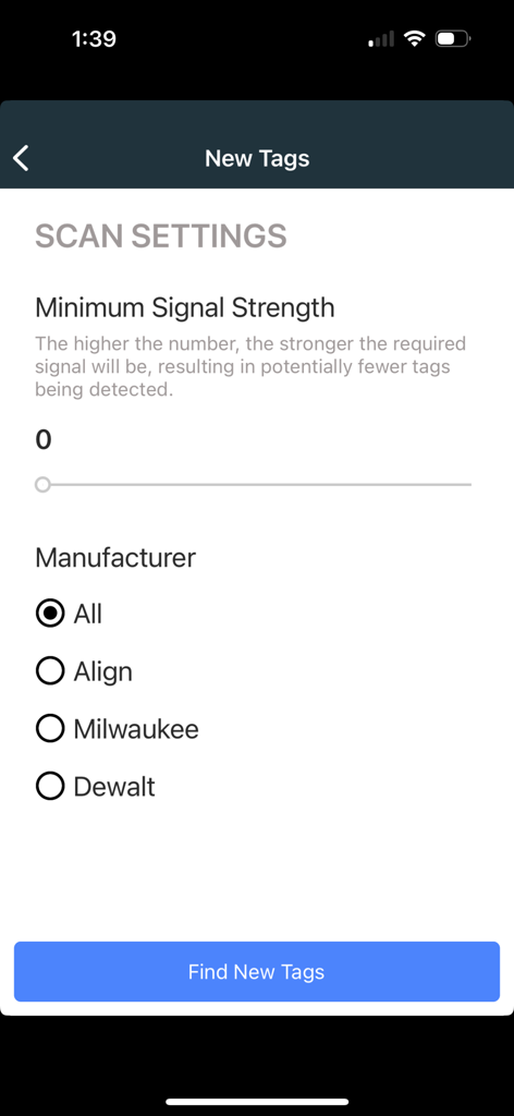 ToolWatch - ToolWatch app screen for configuring scan settings and tool manufacturers to find new asset tags