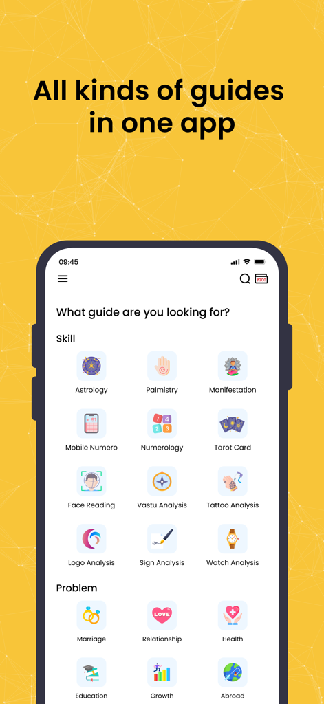 AstroKarma app interface displaying various spiritual services like astrology, tarot, numerology, and life guidance categories.