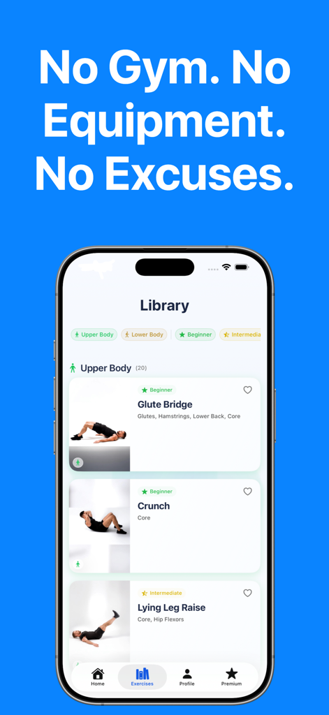 RazFit - RazFit app interface displaying a library of bodyweight exercises like glute bridges and crunches with categories for upper body and beginner levels.