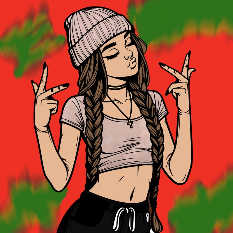 realistic teenage girl with braids and a beanie and crop top doing 🫶🏼