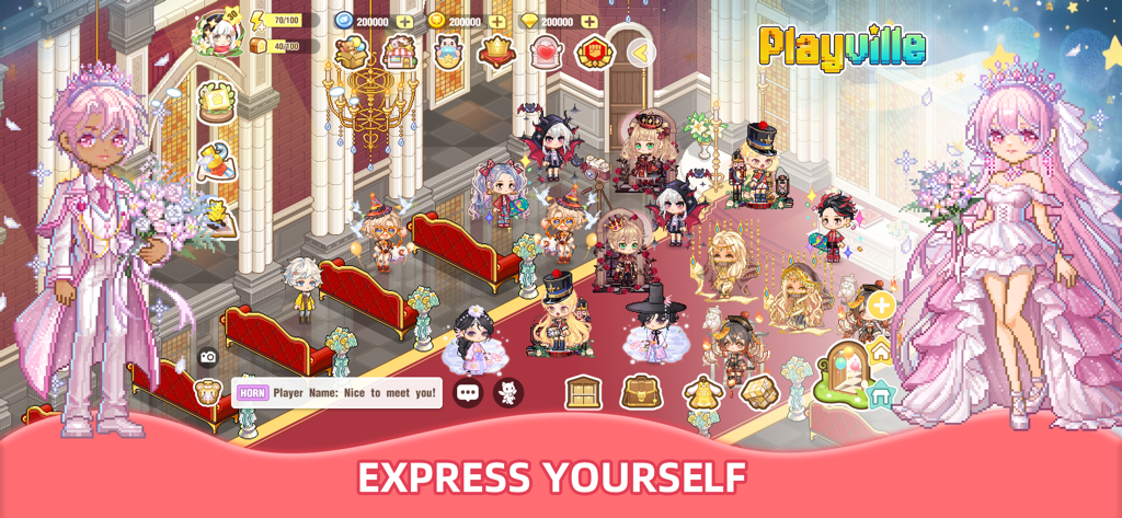 A group of customized pixel-art avatars in a grand virtual hall featuring the text Express Yourself.