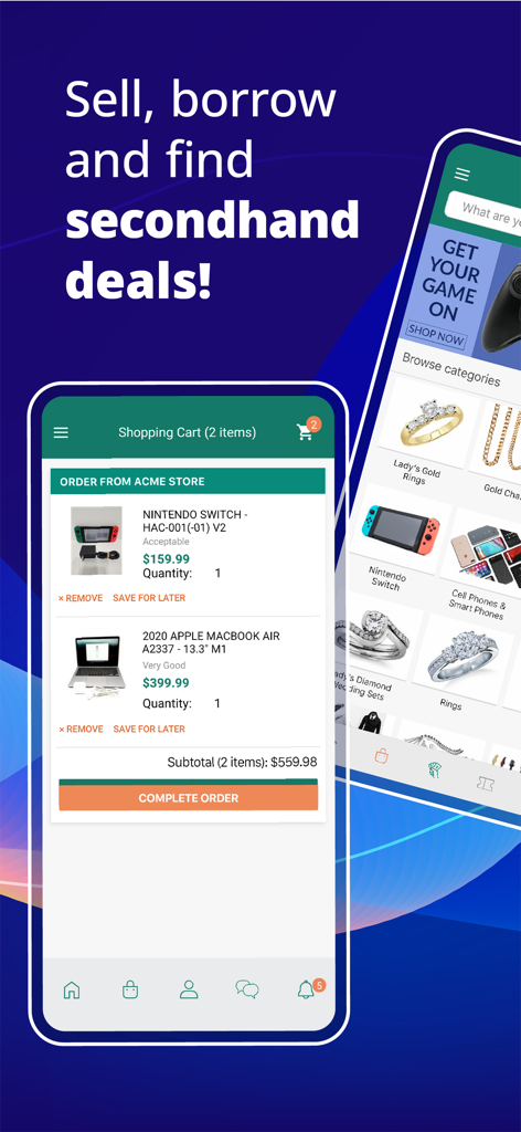 MobilePawn - Interface of the MobilePawn app showing a shopping cart with a used Nintendo Switch and MacBook Air alongside product categories for jewelry and electronics.
