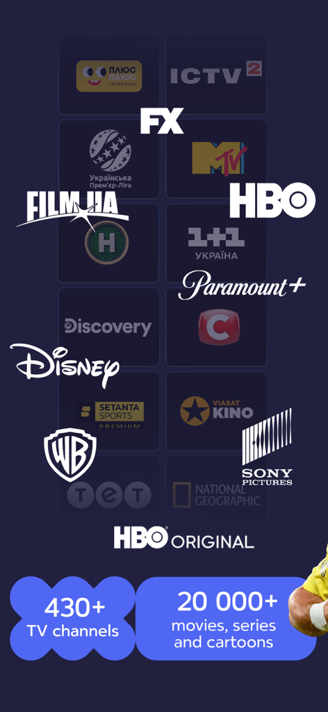 Kyivstar TV app display showcasing movie studio logos like HBO and Disney with a count of 430 plus TV channels and 20000 plus movies