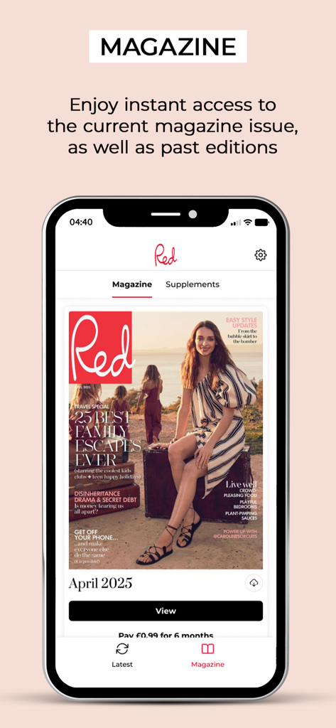 Red magazine UK - Red UK 매거진의 2025년 4월호 디지털 에디션 표지를 보여주는 모바일 앱 인터페이스.