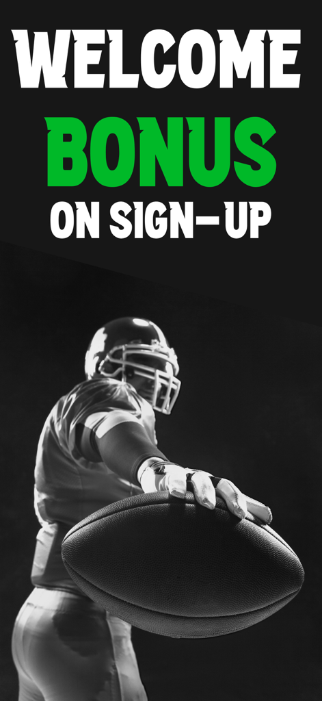 アメリカンフットボール選手がボールを持っているBet On Sportsアプリのサインアップ画面でのウェルカムボーナス