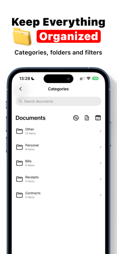 Fyle: PDF Scanner & Organizer - Fyle app interface showing document folders for personal bills receipts and contracts