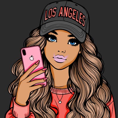 realistic beautiful girl wearing los ángeles cap holding an iphone