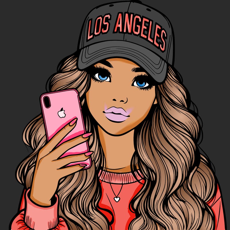realistic beautiful girl wearing los ángeles cap holding an iphone