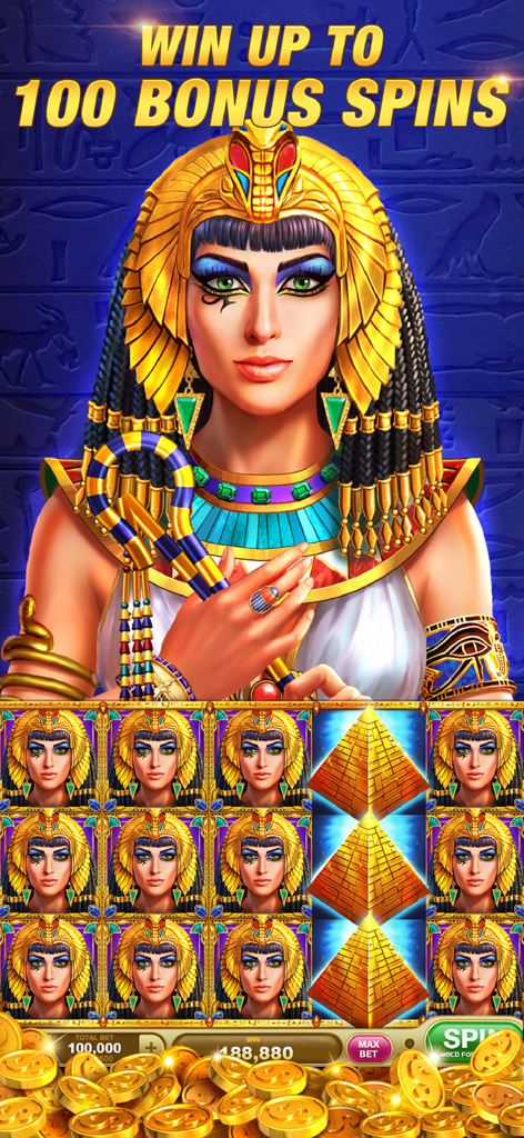 Egyptian themed slot machine interface in Slots Rush featuring a pharaoh and 100 bonus spins.
