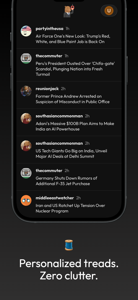The Commuter: news digest - The Commuter news app interface displaying a clutter free thread of top stories.