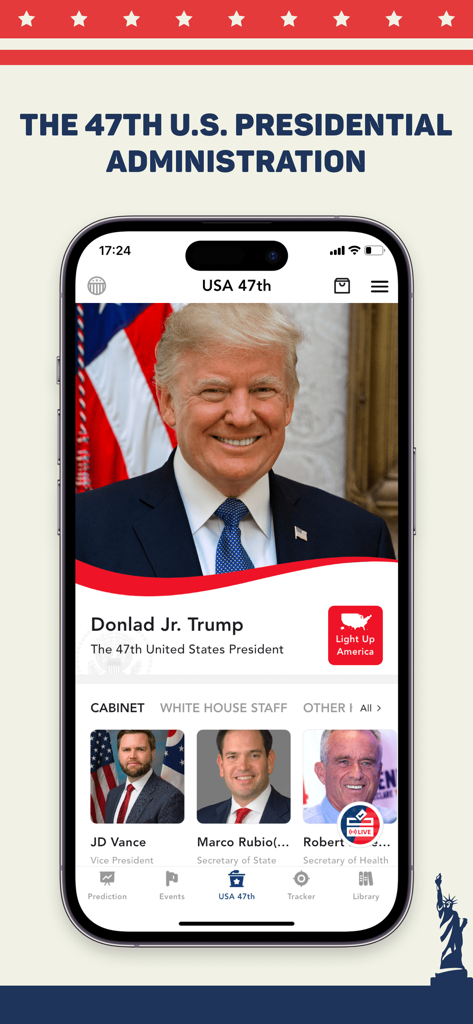 MAGA app interface displaying the 47th US Presidential Administration with Donald Trump and cabinet members JD Vance and Marco Rubio
