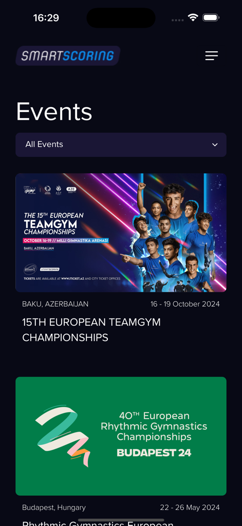 Smartscoring Results - A list of gymnastics competitions on the Smartscoring Results app events screen