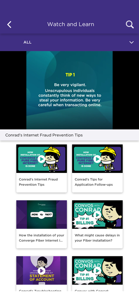 Converge GoFiber! - Converge GoFiber app Watch and Learn screen showing internet fraud prevention tips and fiber installation video tutorials