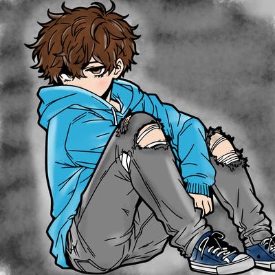 a male hoddie ripped jeans messy hair anime