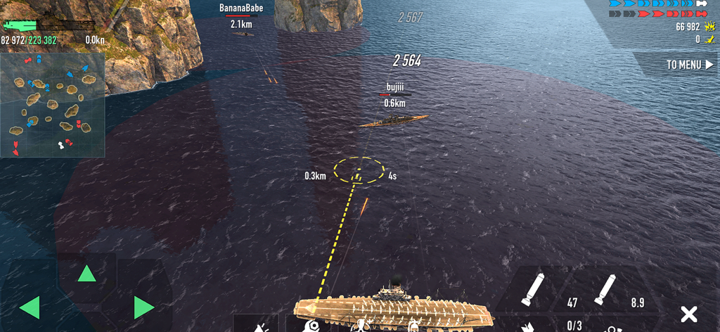 Battle of Warships: Naval Wars - A tactical naval battle scene in Battle of Warships showing an aircraft carrier targeting an enemy vessel with UI elements and a minimap.