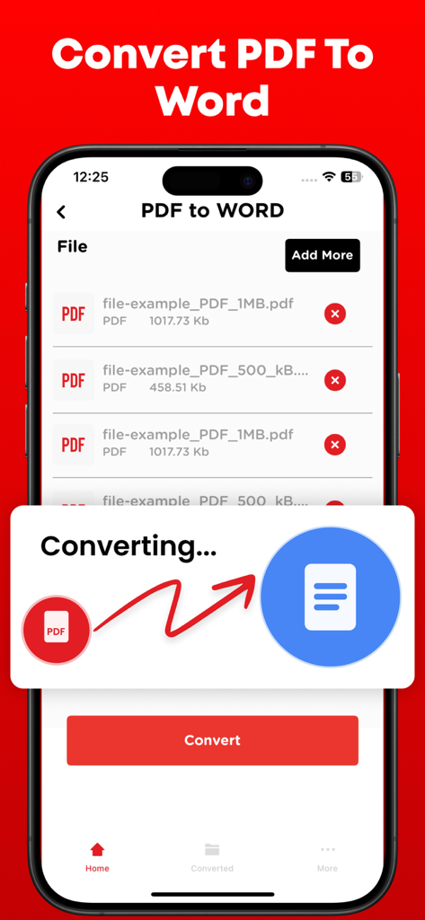 Oberfläche, die den Prozess der Konvertierung einer PDF-Datei in ein Word-Dokument auf einem Smartphone zeigt