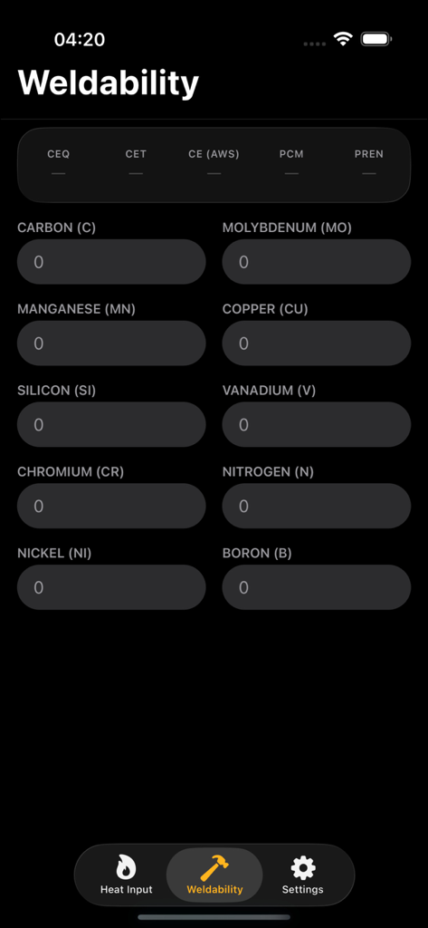 Welding Toolbox 2 - Weldability calculator screen in the Welding Toolbox 2 app showing input fields for chemical elements like carbon and manganese for CEQ and PCM calculations.