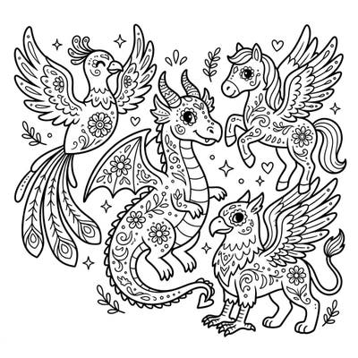 Embark on a mythical journey with this enchanting coloring page featuring beloved fantasy creatures adorned with festive Day of the Dead details. Designed for young artists, it's a perfect blend of magic and cultural celebration.