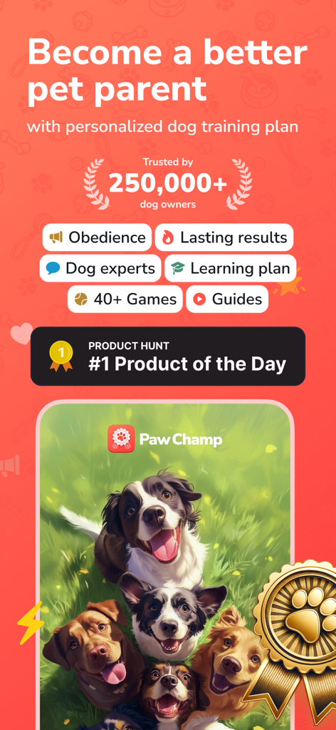 PawChamp - Dog Training & Care - PawChamp app home screen featuring personalized dog training plans expert advice and social proof from 250,000 users