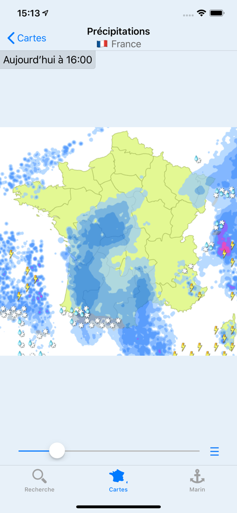 Mappa delle precipitazioni della Francia sull'app Meteorama