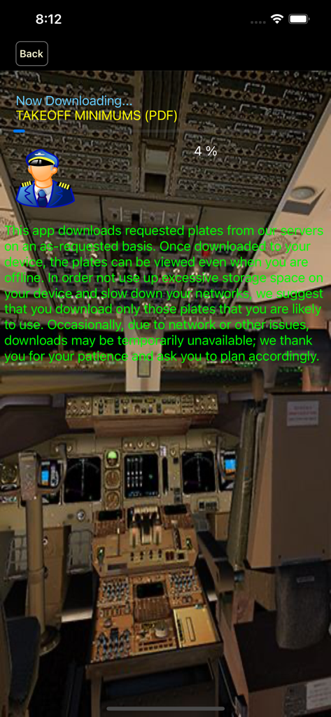 SimPlates - SimPlates app download screen for takeoff minimums PDF with a pilot avatar and cockpit background