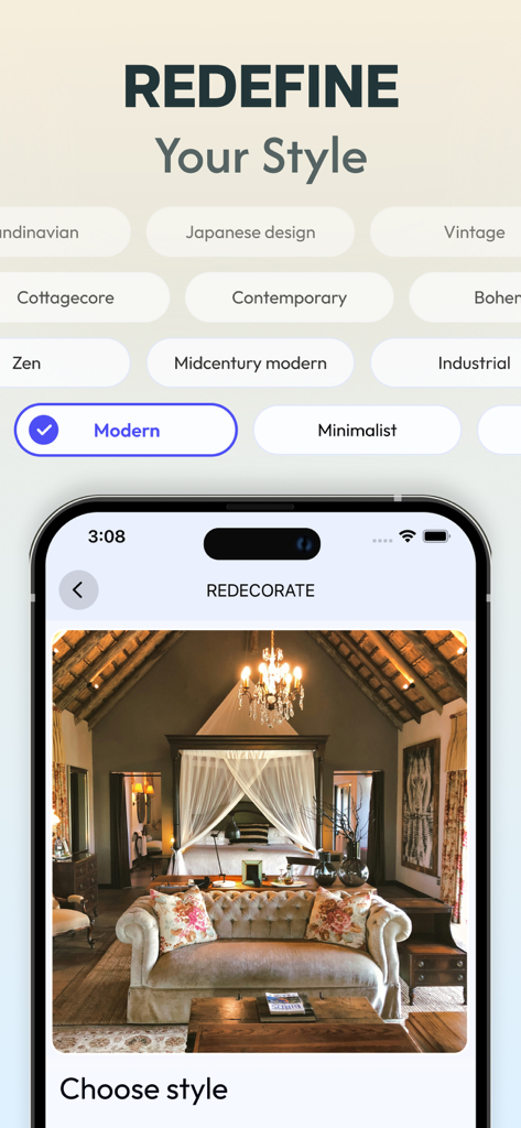 Interior AI Room Home Design - A mobile app interface showing a variety of interior design style options for a bedroom redecoration.