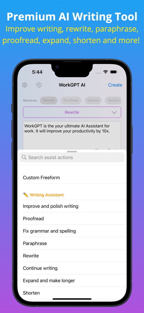 WorkGPT AI Copilot - Smartphone screen showing WorkGPT AI writing assistant tools for proofreading and rewriting content