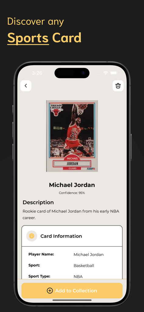 Sports Card Scanner - SC - AI identification of a Michael Jordan rookie basketball card on the Sports Card Scanner app interface