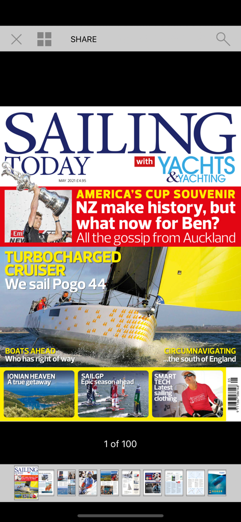 Sailing Today Mag - Sailing Today magazine app showing the May 2021 cover with a Pogo 44 cruiser and America's Cup news.