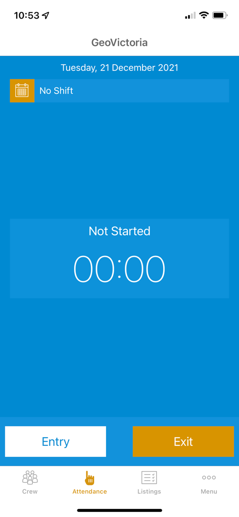 GeoVictoria - GeoVictoria app interface with entry and exit buttons for employee attendance tracking