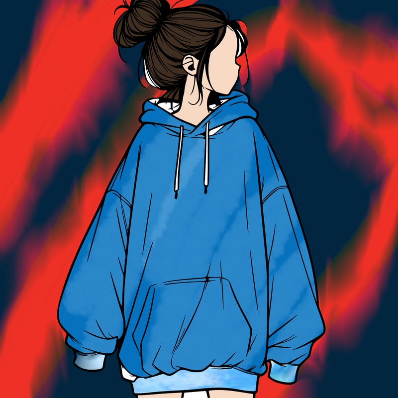 realistic girl with a oversized sweatshirt on and a bun