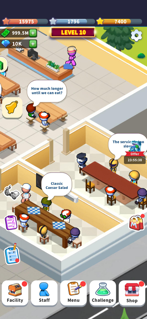 Little Restaurant - Pantalla de juego de Little Restaurant mostrando clientes esperando comida en un comedor.