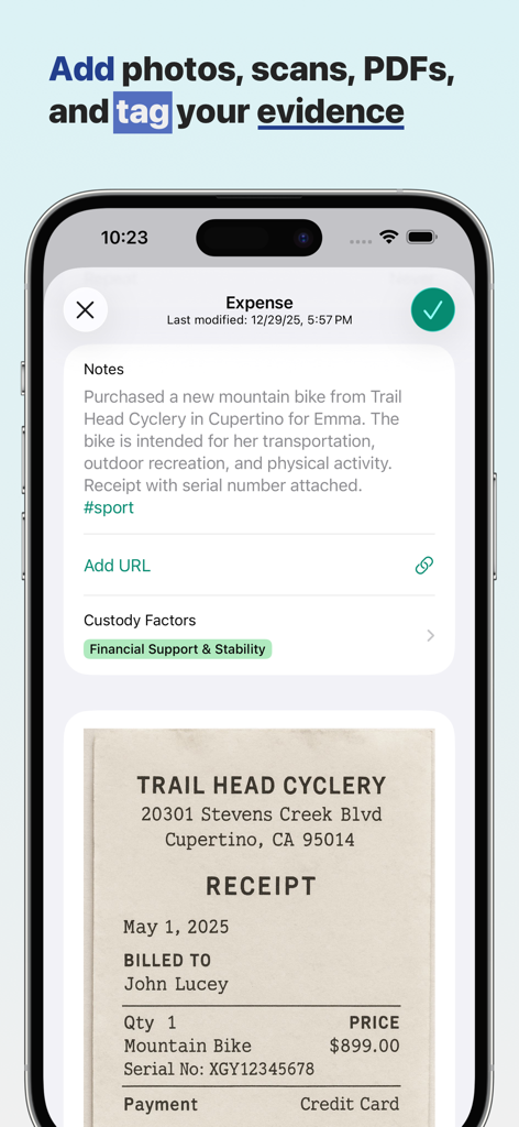 Alimentor 2 app interface for tracking child-related expenses and tagging them as legal evidence for custody cases