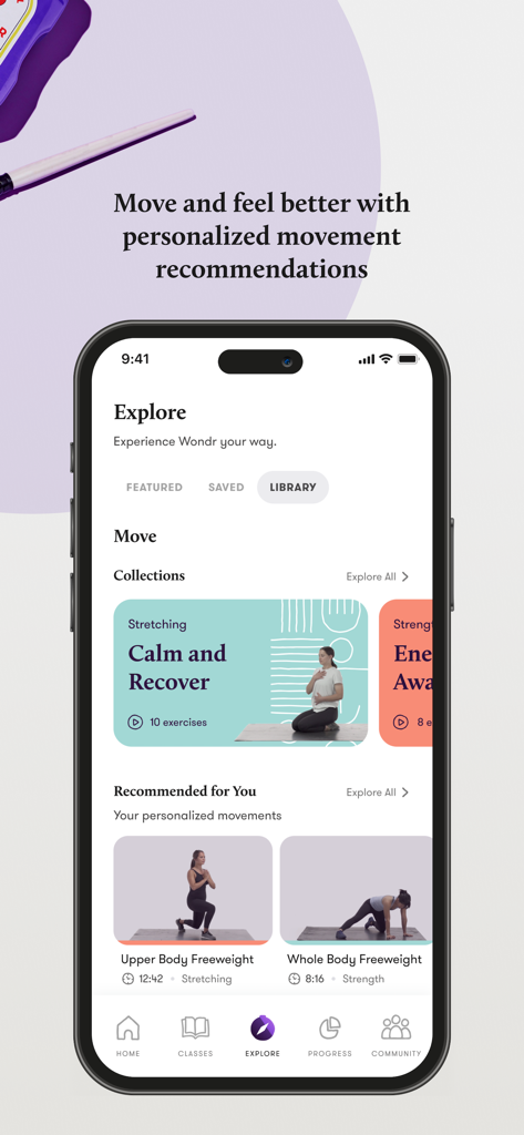 Wondr Health app explore screen with personalized movement recommendations and exercise collections