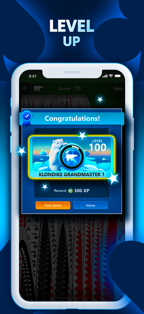 Uma notificação de aumento de nível no Microsoft Solitaire Collection mostrando a classificação Klondike Grandmaster alcançada no nível 100