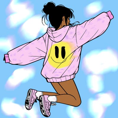 realistic girl jumping with a bun and oversized sweatshirt