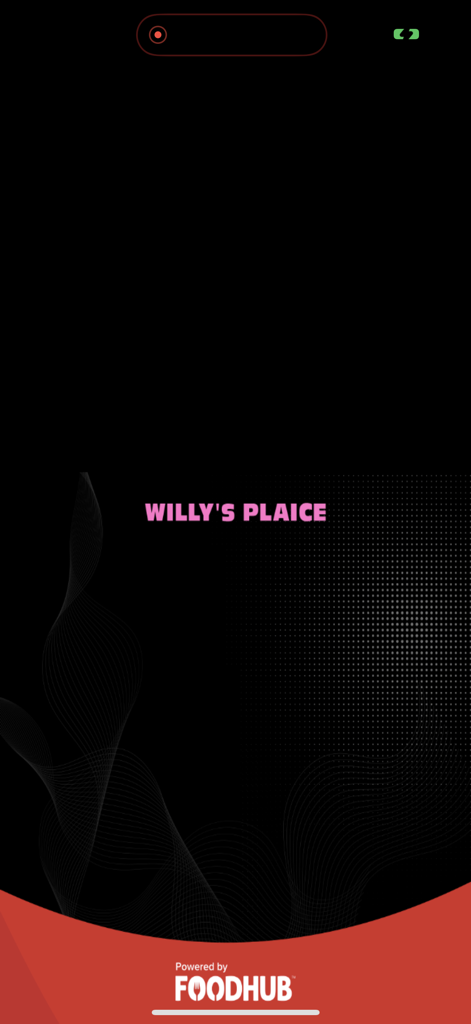 Willy's Plaice - Écran de démarrage de l'application mobile Willy's Plaice présentant le nom de la marque et le logo Foodhub sur fond sombre
