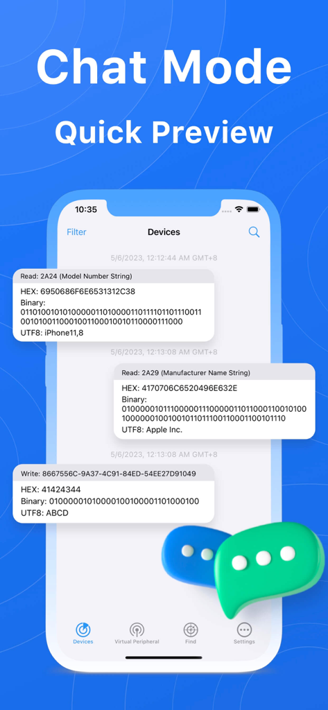 BlueTools Bluetooth Assistant - BlueTools Bluetooth Assistant Chat Mode displaying real time device communication logs
