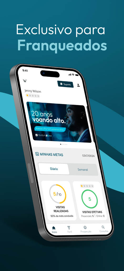 Villela Brasil Bank Franqueado - Villela Brasil Bank app dashboard showing sales goals and visit tracking for franchisees