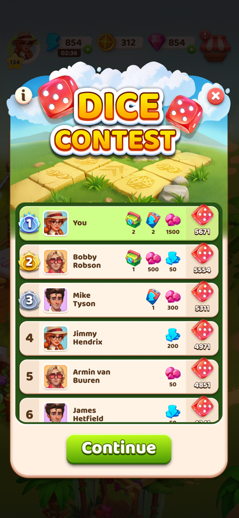 Olivia's Mysteries - Leaderboard for the Dice Contest in Olivia's Mysteries showing player rankings and competition rewards