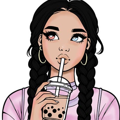 realistic girl with braided hair drinking boba