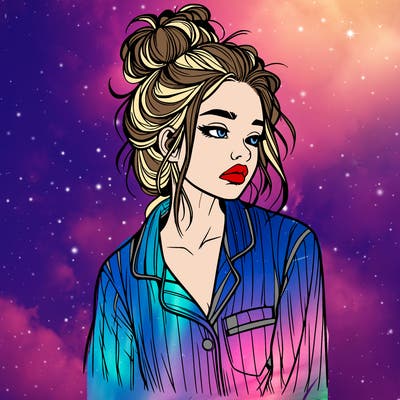 realistic woman with pajamas on and a messy bun