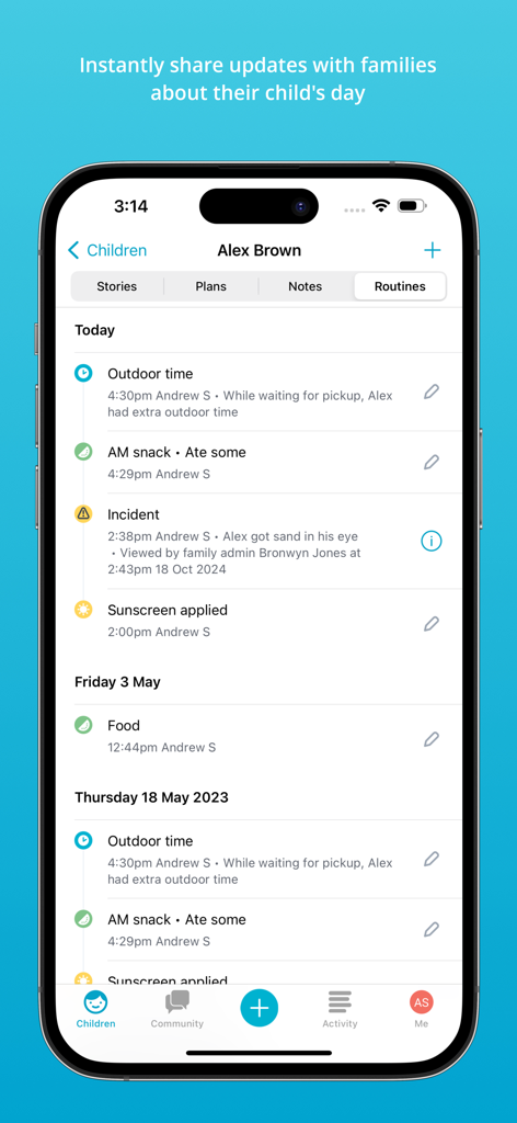 Storypark for Educators - Mobile app interface of Storypark for Educators showing a child daily routine log and updates for families