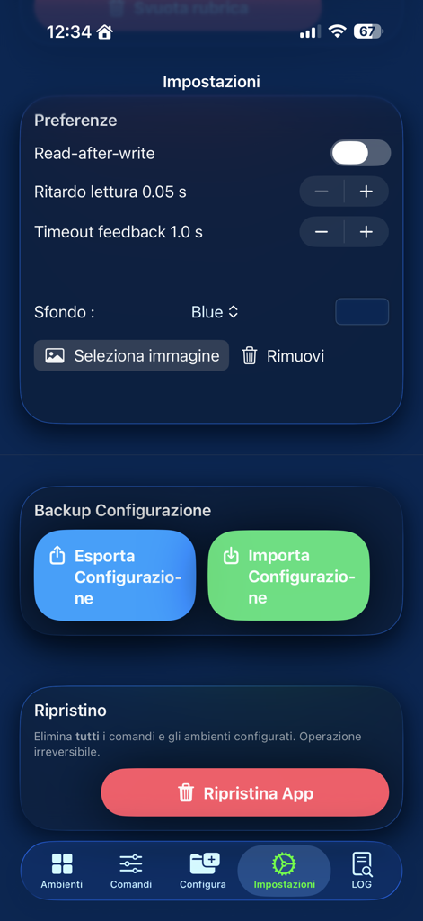 KNX Pro Tester - Einstellungsbildschirm der KNX Pro Tester App mit Präferenzen und Optionen zur Sicherung der Konfiguration