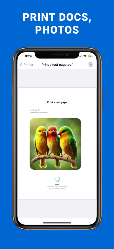 Smart Printer App:Print & Scan - カラフルな鳥の写真の印刷プレビューを表示する、Smart Printer Appのインターフェースを示すiPhone画面