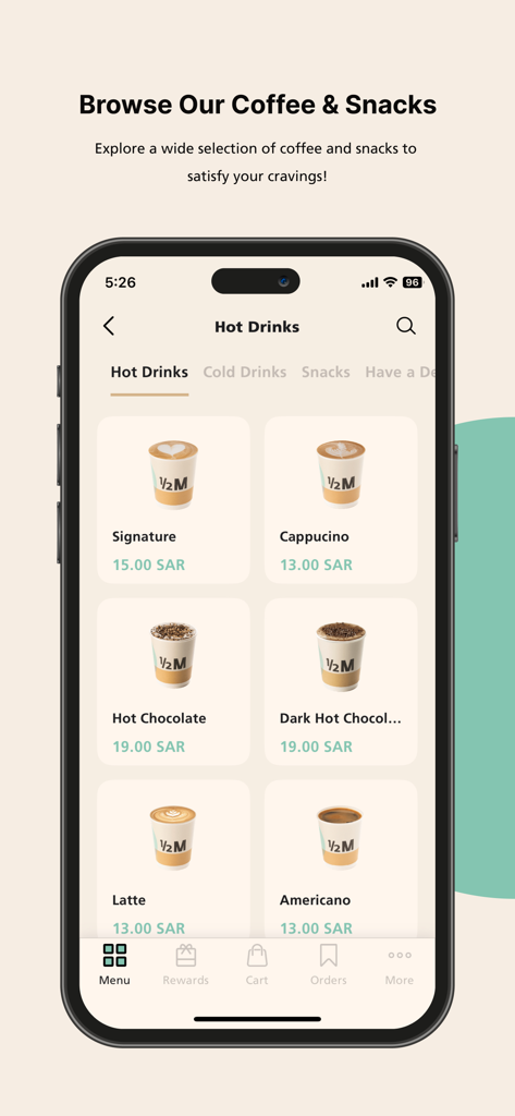 Menu interface of the Half Million coffee app displaying hot drinks like lattes and cappuccinos with their prices.